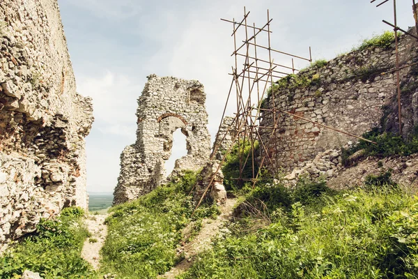 Plavecky castle in Slovak republic, ruins with scaffolding — Stock Photo, Image
