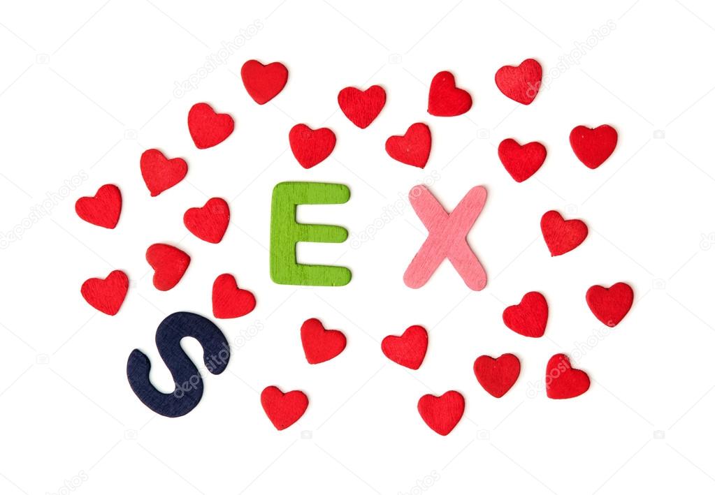 Colorful title SEX or EX with red hearts on the white background