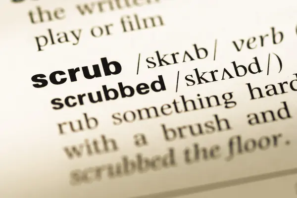 Close up of old English dictionary page with word scrub — Stock Photo, Image