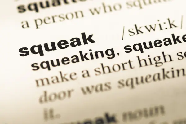 Close up of old English dictionary page with word squeak — Stock Photo, Image