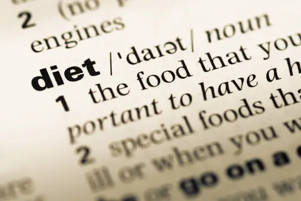 Close up of old English dictionary page with word diet — Stock Photo, Image