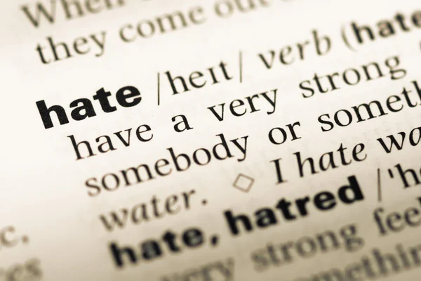 Close up of old English dictionary page with word hate — Stock Photo, Image