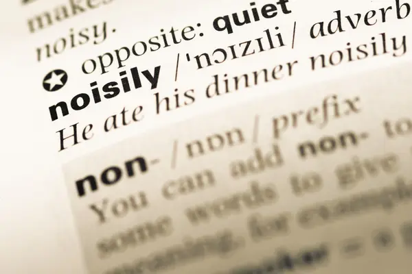 시끄럽게 단어로 된 영어 사전 페이지 닫기 — 스톡 사진