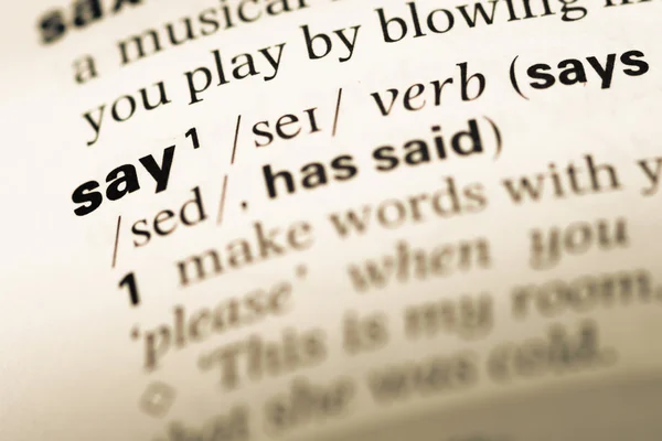 Chiudi la pagina del vecchio dizionario Inglese con la parola "say" — Foto Stock
