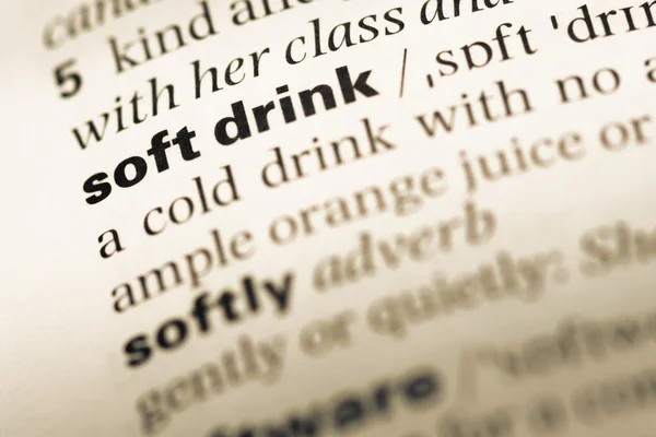 Close up of old English dictionary page with word soft drink — Stock Photo, Image