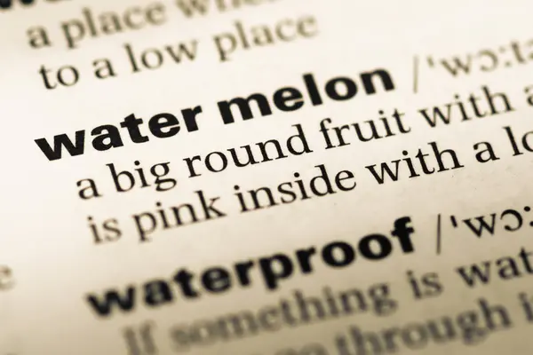 Close up of old English dictionary page with word water melon — Stock Photo, Image