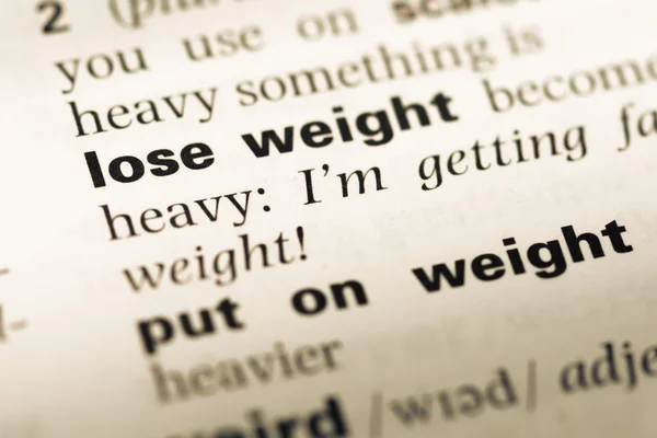 Close up of old English dictionary page with word lose weight — Stock Photo, Image