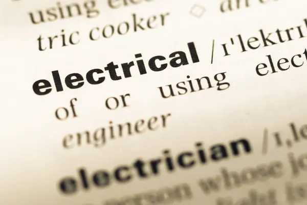 Close up of old English dictionary page with word electrical — Stock Photo, Image