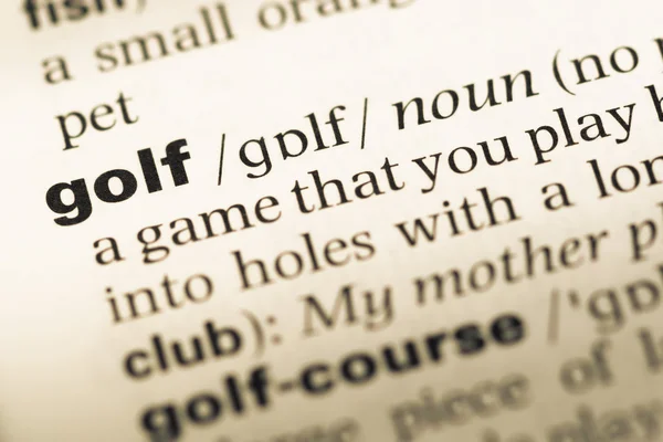 Close up of old English dictionary page with word golf — Stock Photo, Image