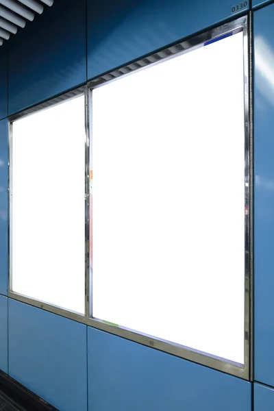 Two big vertical / portrait orientation blank billboard on blue wall — Zdjęcie stockowe