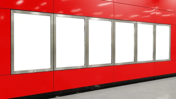 현대 빨간 벽에 여섯 큰 수직 / 세로 방향 빈 광고판 — 스톡 사진