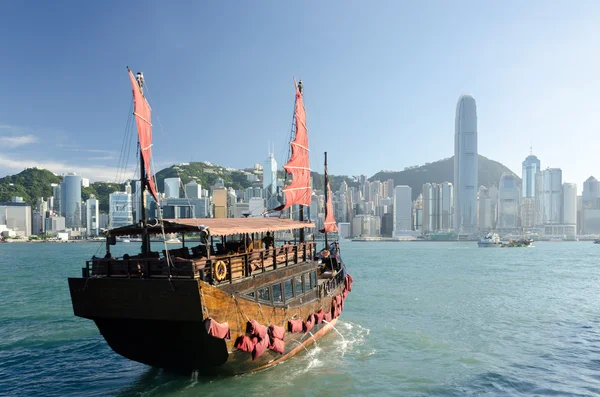 Velero Madera Tradicional Vela Basura Turística Victoria Harbour Hong Kong —  Fotos de Stock