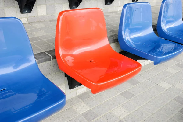 Kunststof Rood Blauw Nieuwe Stoelen Stadion — Stockfoto