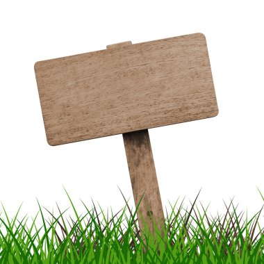 Çim beyaz arka plan ile kahverengi ahşap tabela