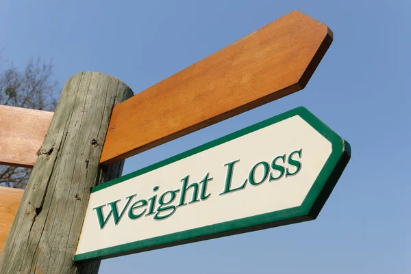 Motivational Green White Wooden Signpost Pointing Weight Loss Sunny Blue — Stock Photo, Image