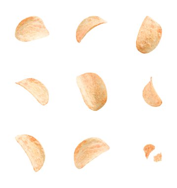 patates cipsi ile farklı açılardan beyaz arka plan üzerinde izole