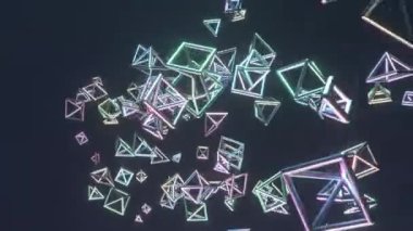 Geleceksel şekil, soyut nesnelerin animasyonu. Yakınlaşmak ya da uçmak. Işıltı ve dinamik teknoloji kavramı.