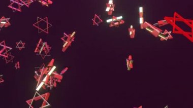 Geleceksel şekil, soyut nesnelerin animasyonu. Yakınlaşmak ya da uçmak. Işıltı ve dinamik teknoloji kavramı.