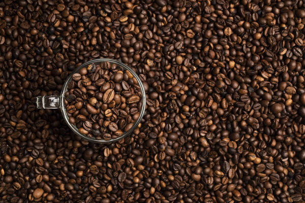 glass cup full of coffee beans over a background of coffee beans