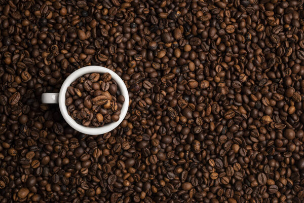 cup full of coffee beans over a background of coffee beans