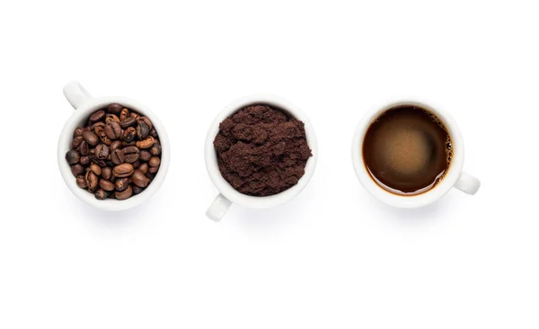 Σύνθεση Κούπες Κόκκων Καφέ Αλεσμένο Και Μαύρο Καφέ — Φωτογραφία Αρχείου