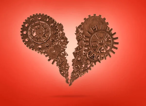 broken heart made with metallic gears on red background