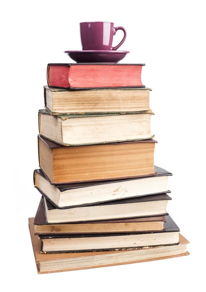 Paarse mok op boeken — Stockfoto