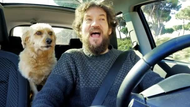 Hombre enamorado de su perro viajando en verano en coche — Vídeos de Stock