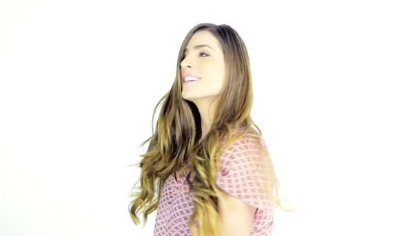 Beautiful girl with very long hair dancing and moving slow motion — Stock Video