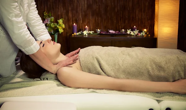 Woman in spa getting pressure shoulder massage relax medium shot — Stock Photo, Image