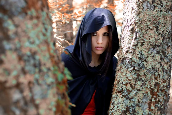 Mystérieuse belle femme avec manteau dans la forêt magique — Photo