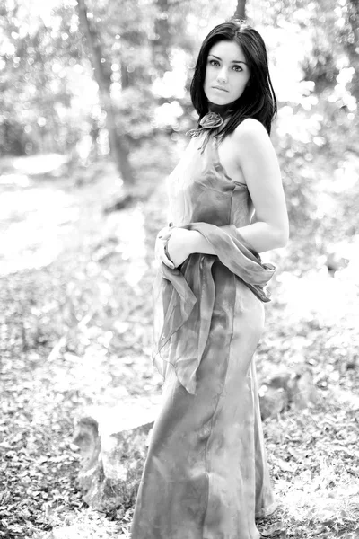 Preto e branco retrato de bela mulher posando na floresta — Fotografia de Stock