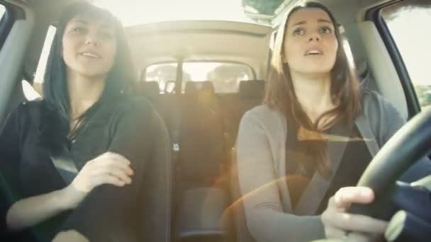 Dos mujeres felices en el coche divirtiéndose — Vídeo de stock