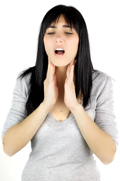 Woman having lost voice touching throat — Stock Photo, Image