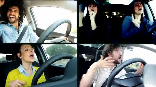 Uomini e donne felici che ballano mentre guidano schermo diviso auto — Video Stock