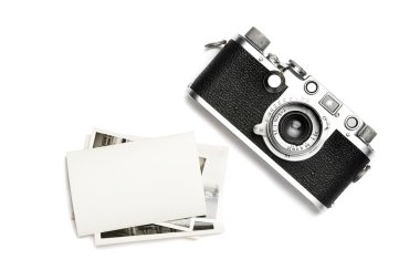 Vintage fotoğraf makinesi ve eski fotoğrafları. Yukarıdan görüntülemek.