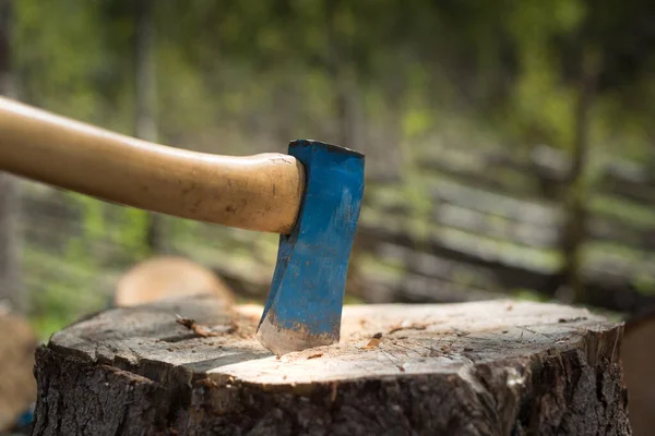 Oude Blauwe Bijl Een Hakblok — Stockfoto