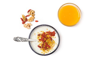 Breakfast with overnight oatmeal and orange juice clipart