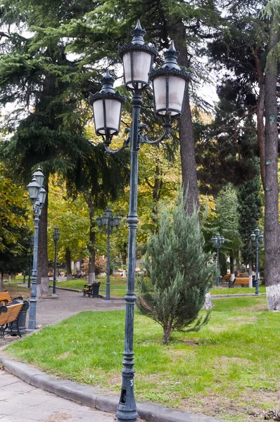 Pouliční lampy a zelená barva strana k parku v Tbilisi Gruzie — Stock fotografie