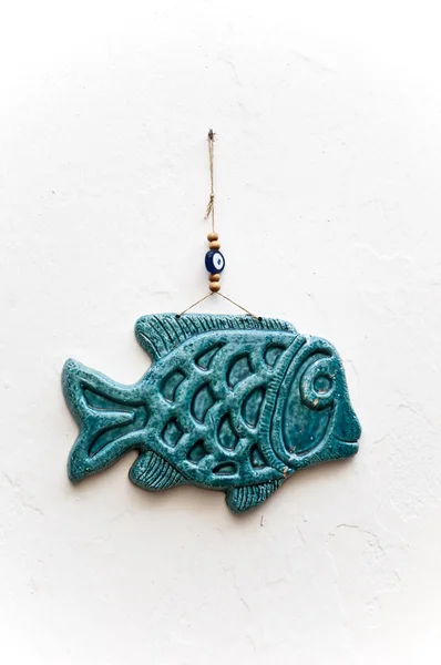 Fish Shape ceramic and evil eye amulet decoritve art object in bodrum — Stock Photo, Image