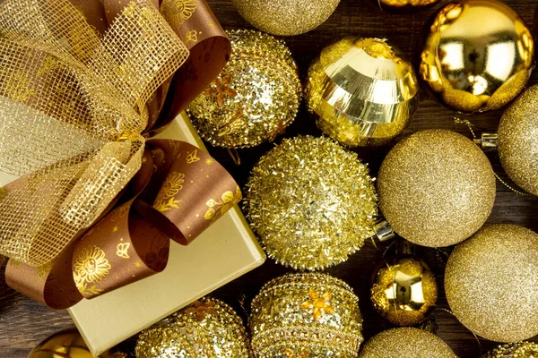 Assortments Gold Christmas Ornamental Baubles Present Box Closeup Directly — Stock Photo, Image