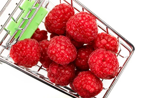 Fresh Raspberries Miniature Shopping Cart Isolated White Background — Stock Photo, Image