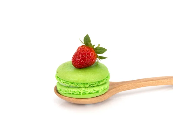 Colorful Macaroon French Dessert Fresh Strawberry Wooden Spoon — Stock Photo, Image