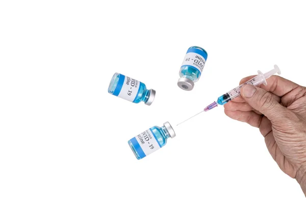 Eine Hand Mit Schwebenden Glasflaschen Mit Der Aufschrift Covid Impfstoff — Stockfoto