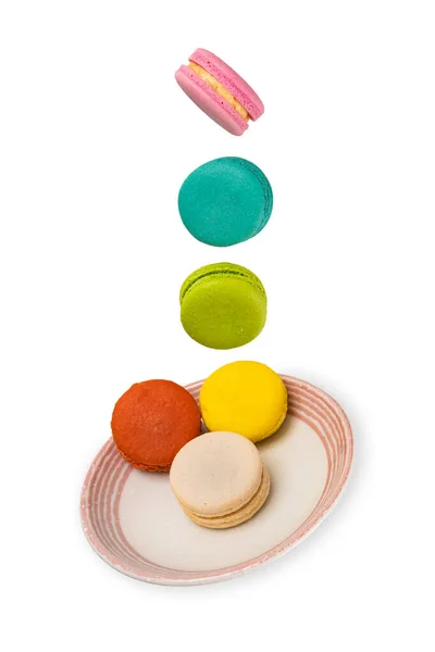 Colorful Macaroons Floating Ceramic Saucer Isolation White Background Food Levitation — Stock Photo, Image