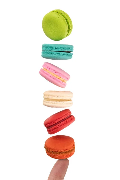 Colorful Macaroons Levitating Finger Levitation Food Photography Concept — Stock Photo, Image