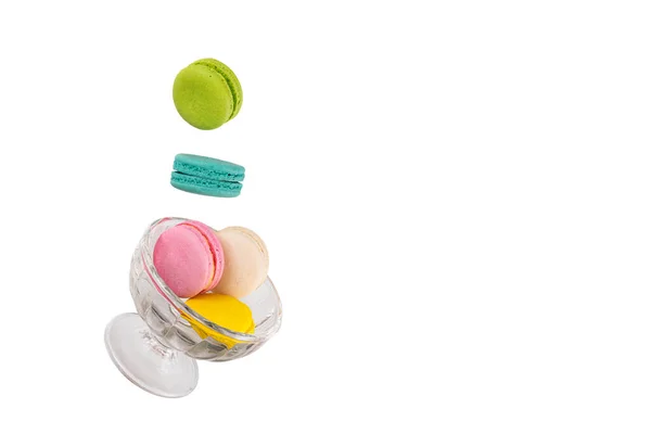 Levitating Colorful Macaroons Falling Glass Ice Cream Cup Levitation Food — Stock Photo, Image