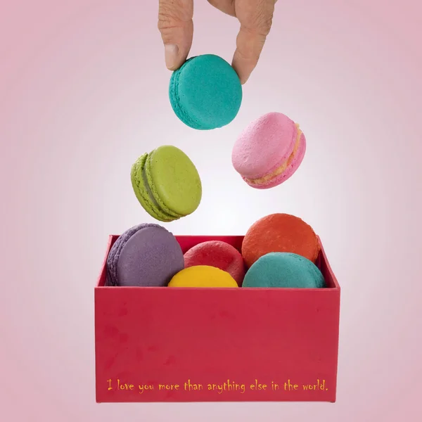 Colorful Macaroons Levitating Red Present Box Filled Additional Colorful Macaroons — Stock Photo, Image