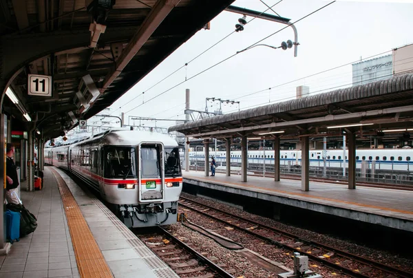 2013年5月30日 日本名古屋 北大铁路线在日本名古屋站Jr Chuo主线月台停靠 日本乘客在黄线后行走 — 图库照片