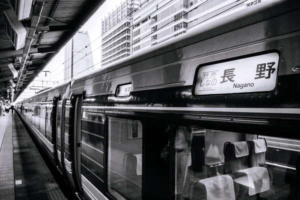 2013 나가노가 종착지를 달리고 나가노 열차가 나고야 승강장에서 정차하고 승객들이 — 스톡 사진